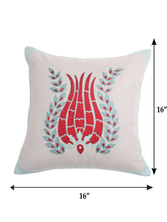 Cushion Cover Cotton Aari with Hand Embroidery and Border Floral Grey - 16inches X 16inches