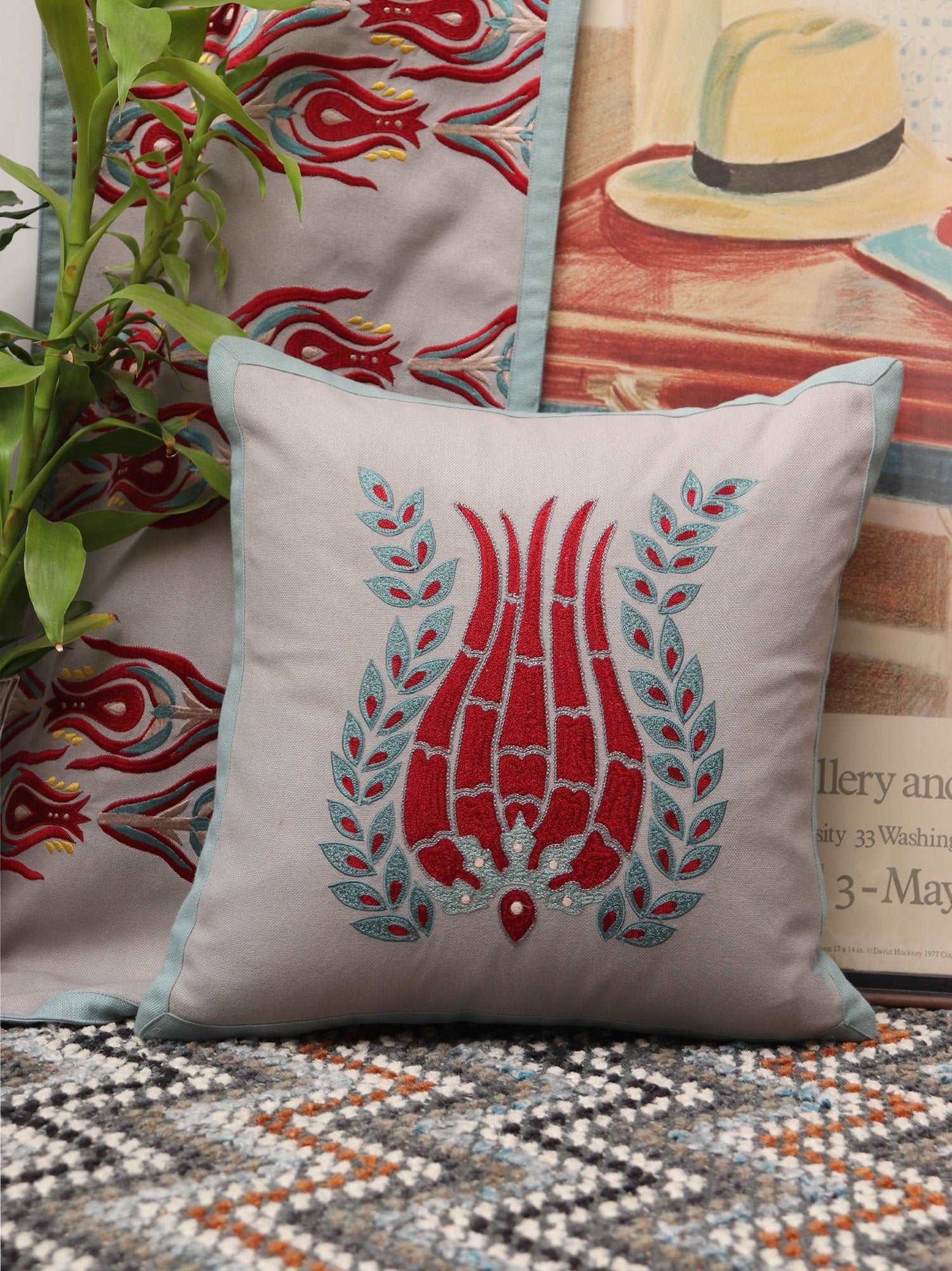 Cushion Cover Cotton Aari with Hand Embroidery and Border Floral Grey - 16inches X 16inches