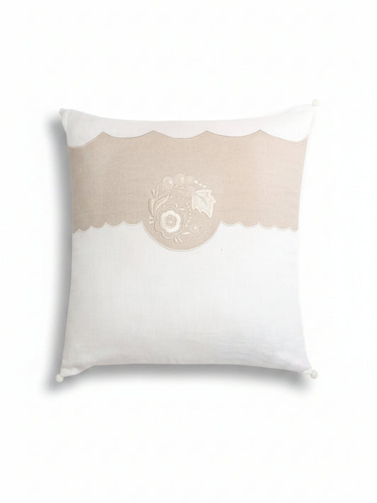 A square decorative throw pillow shown front-facing on a white background with black dimension arrows and labels indicating 16 inches by 16 inches.