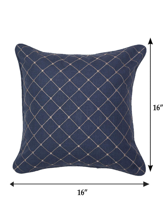 Cushion Cover Cotton Checks Pattern in Embroidery with Cord Piping Dark Blue - 16inches X 16inches