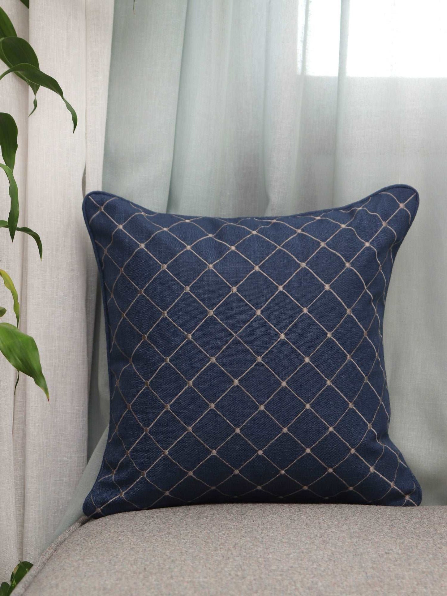 Cushion Cover Cotton Checks Pattern in Embroidery with Cord Piping Dark Blue - 16inches X 16inches