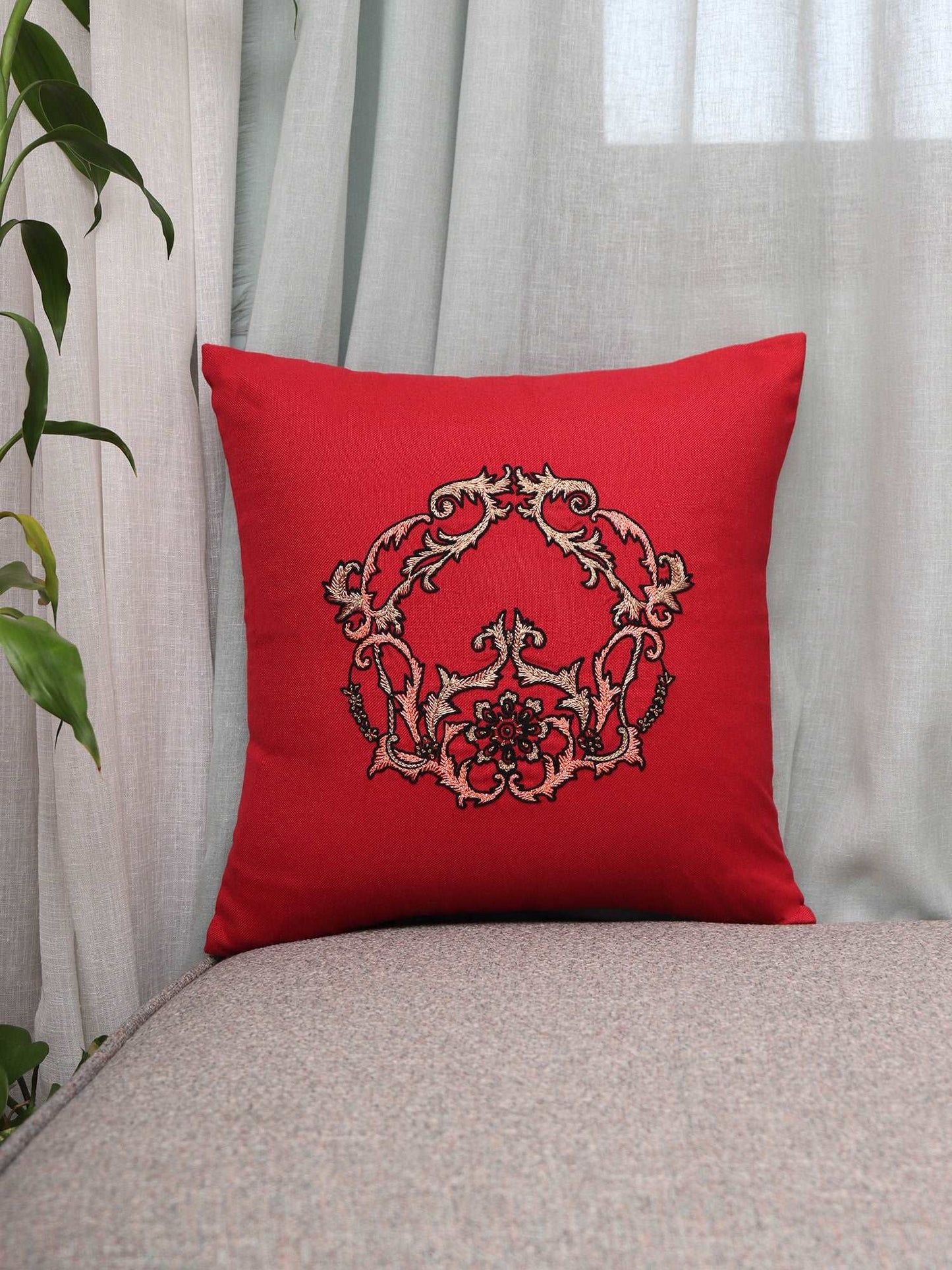 Cushion Cover Cotton Blend Hand Embroidered Motif Red - 16inches X 16inches