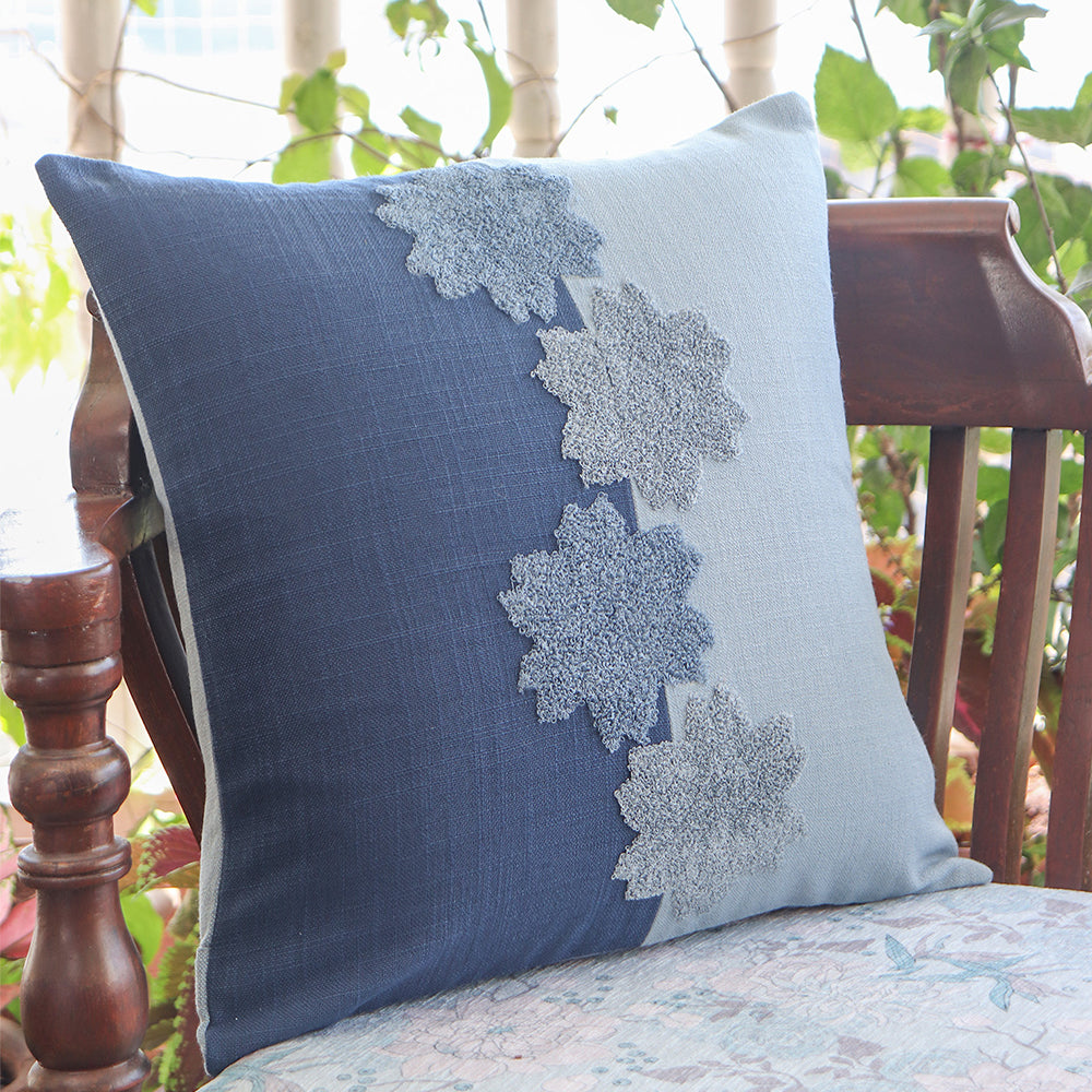 Cushion Cover Cotton Blend Floral Aari Embroidery with Patchwork Navy Blue - 16 X 16in