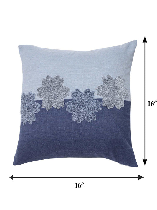 Cushion Cover Cotton Blend Floral Aari Embroidery with Patchwork Navy Blue - 16inches X 16inches