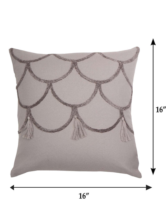 Cushion Cover Cotton Blend Floral Aari and Towel Textured Embroidery with Tassels Grey - 16inches X 16inches