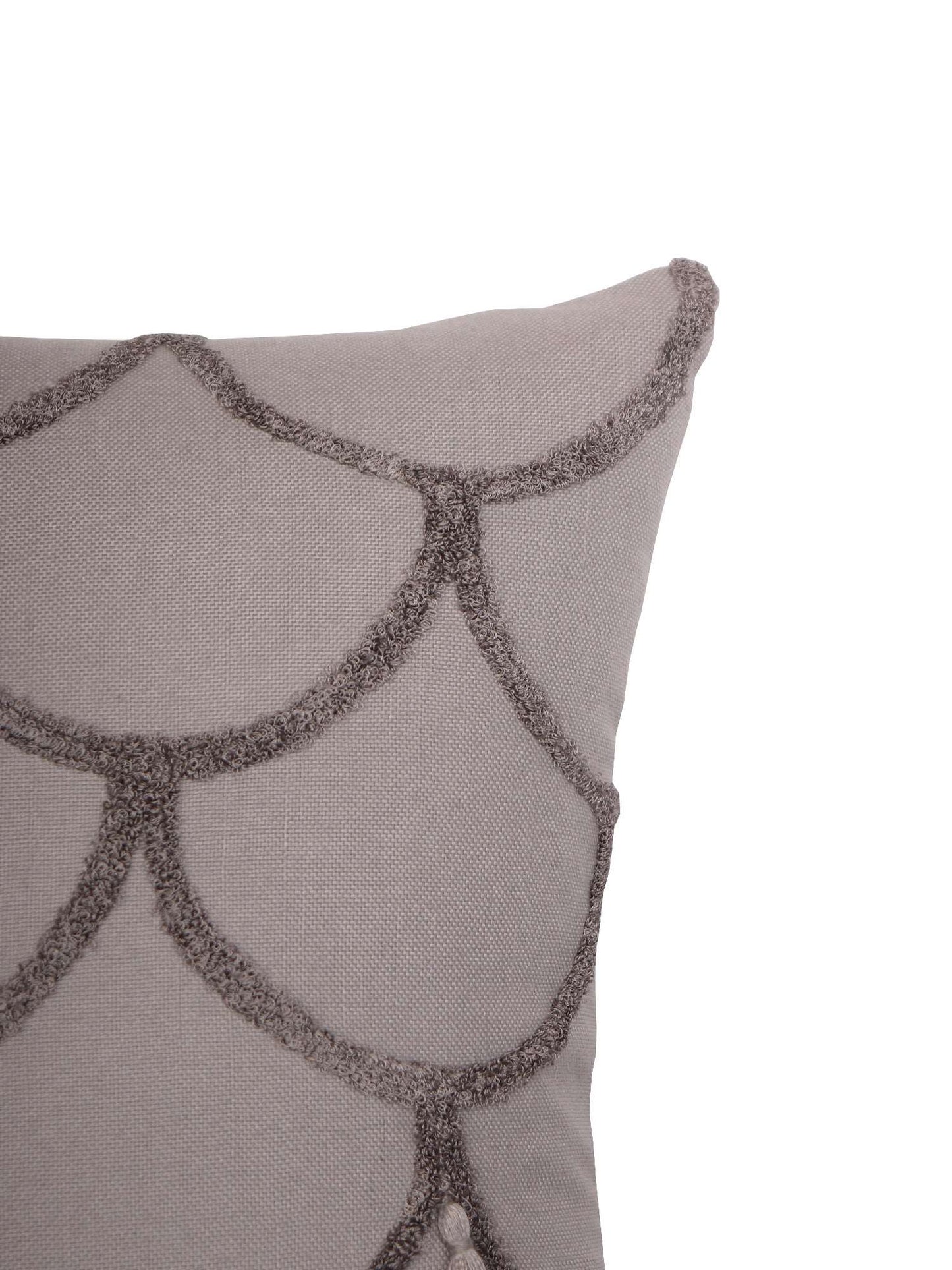 Cushion Cover Cotton Blend Floral Aari and Towel Textured Embroidery with Tassels Grey - 16inches X 16inches