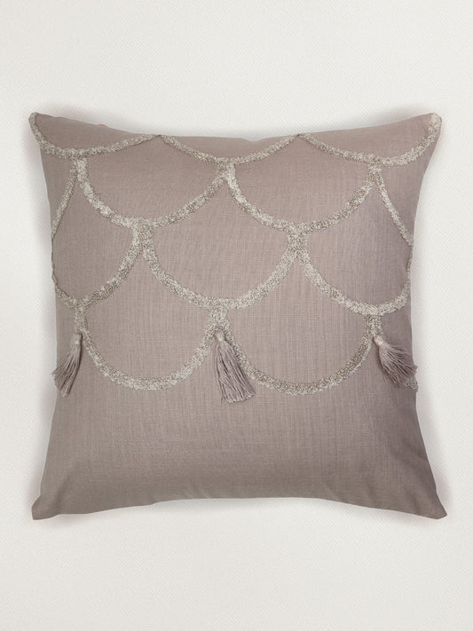 Cushion Cover Cotton Blend Aari and Towel Textured Embroidery with Tassels Beige - 16inches X 16inches