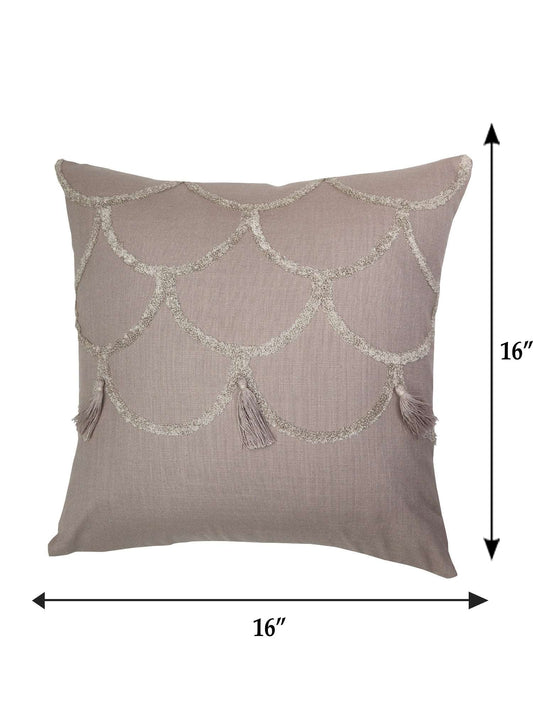 Cushion Cover Cotton Blend Aari and Towel Textured Embroidery with Tassels Beige - 16inches X 16inches
