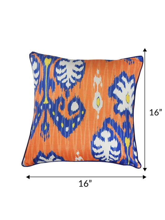 Cushion Cover for Sofa, Bed Poly Canvas Ikat Print | Orange Blue - 16x16in(40x40cm) (Pack of 1)