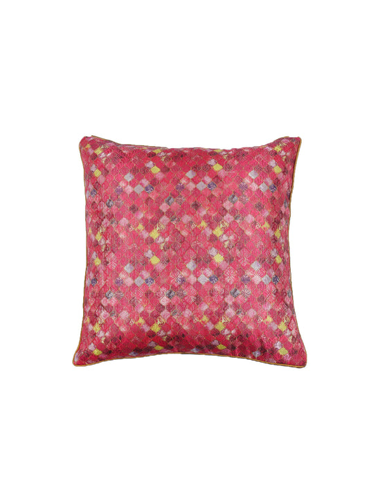 Cushion Cover for Sofa, Bed Brocade Silk Motif with Cord Piping Pink Gold - 16x16in(40x40cm) (Pack of 1)