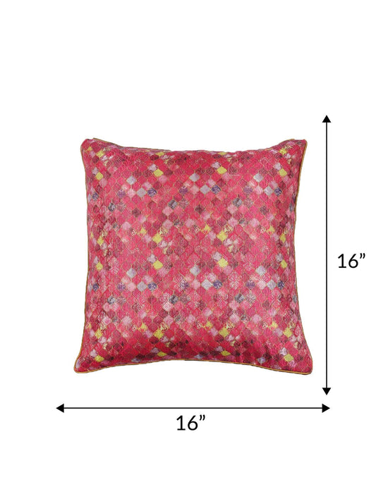 Cushion Cover for Sofa, Bed Brocade Silk Motif with Cord Piping Pink Gold - 16x16in(40x40cm) (Pack of 1)