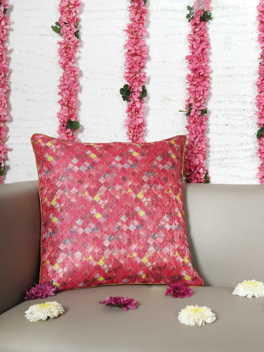 Cushion Cover for Sofa, Bed Brocade Silk Motif with Cord Piping Pink Gold - 16x16in(40x40cm) (Pack of 1)