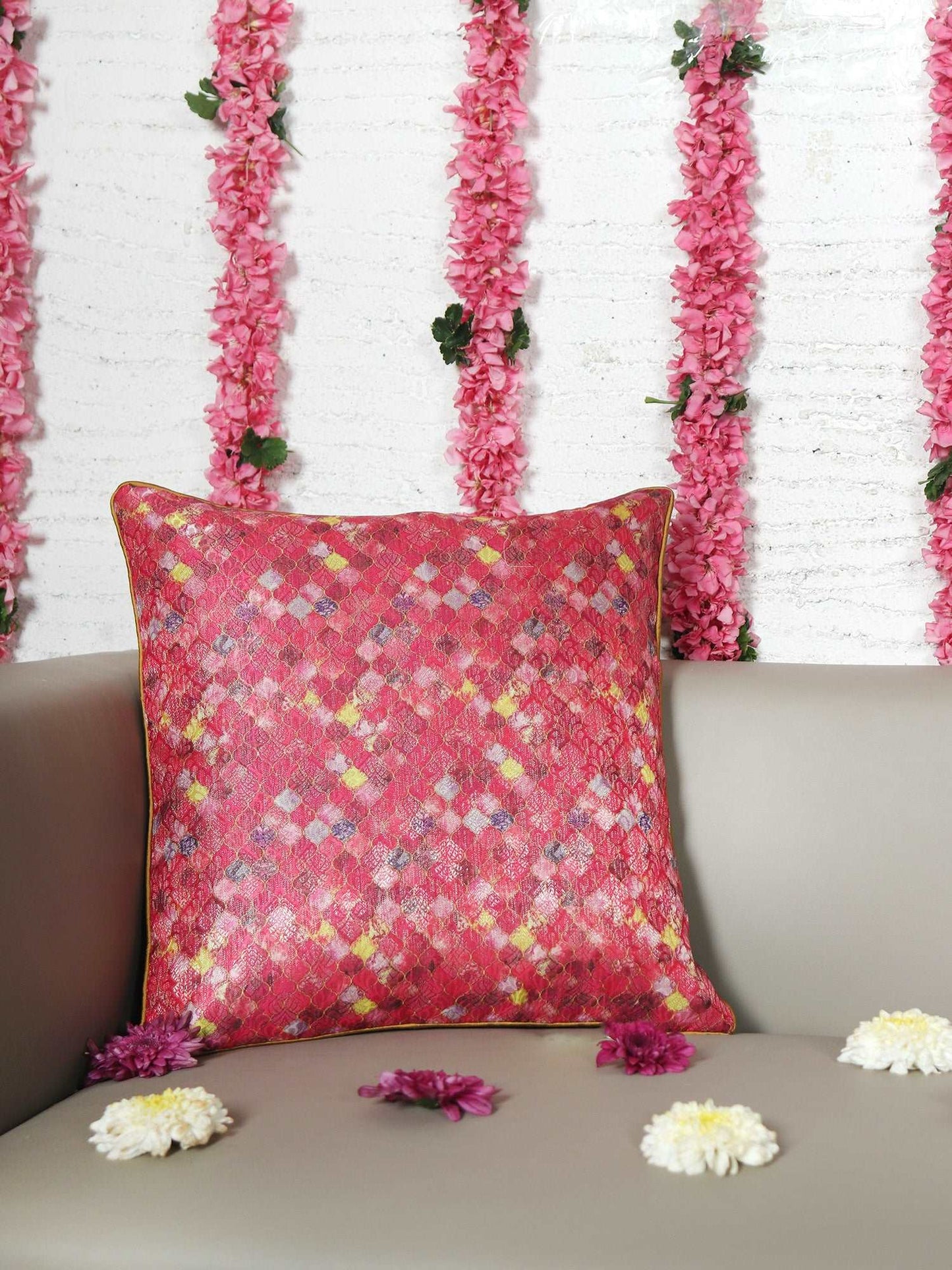 Cushion Cover for Sofa, Bed Brocade Silk Motif with Cord Piping Pink Gold - 16x16in(40x40cm) (Pack of 1)