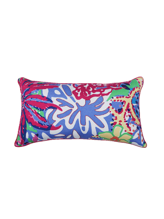 Cushion Cover for Sofa, Bed Cotton Polyester| Floral Design | Hand Embroidery(Chawal Taka) | Pink Blue - 12x22in(30x56cm) (Pack of 1)