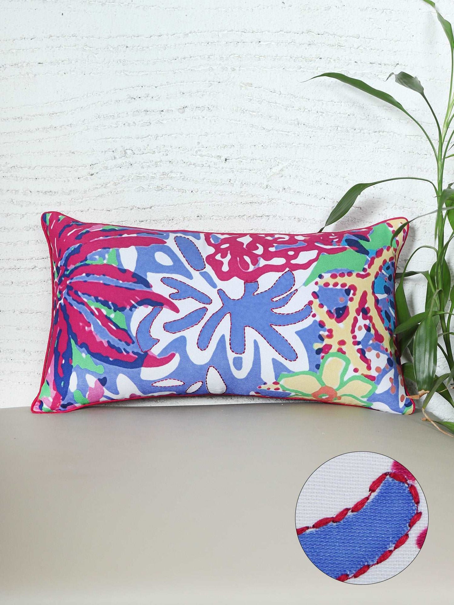 Cushion Cover for Sofa, Bed Cotton Polyester| Floral Design | Hand Embroidery(Chawal Taka) | Pink Blue - 12x22in(30x56cm) (Pack of 1)