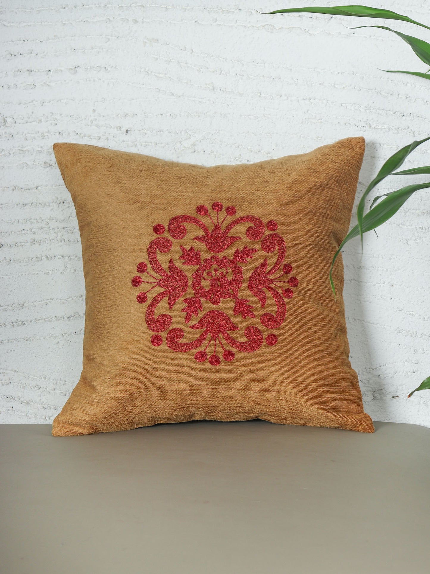 ZEBA World Square Cushion Cover for Sofa, Bed | Motif Embroidery - Chenille | Mustard Yellow - 16x16in(40x40cm) (Pack of 1)