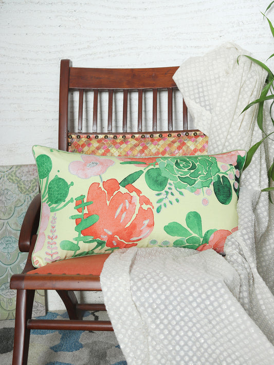 Cushion Cover for Sofa, Bed | Cotton Polyester| Floral Design | Hand Embroidery with Cord Piping | Multicolor - 12x22in(30x56cm) (Pack of 1)