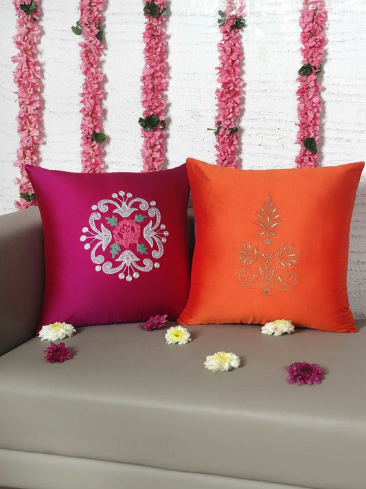 Cushion Cover for Sofa, Bed | Polyester Motif Floral Embroidery | Multi Color - 16x16in(40x40cm) (Pack of 2)