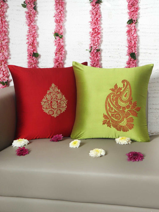 Cushion Cover for Sofa, Bed | Polyester Motif Paisley Embroidery | Multi Color - 16x16in(40x40cm) (Pack of 2)