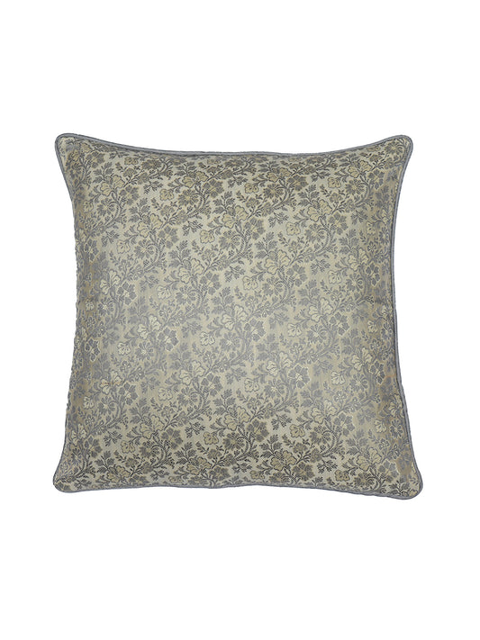 ZEBA World Square Cushion Cover for Sofa, Bed | Banarasi Brocade Silk - Floral Weave with Cord Piping| Grey - 16x16in(40x40cm) (Pack of 1)