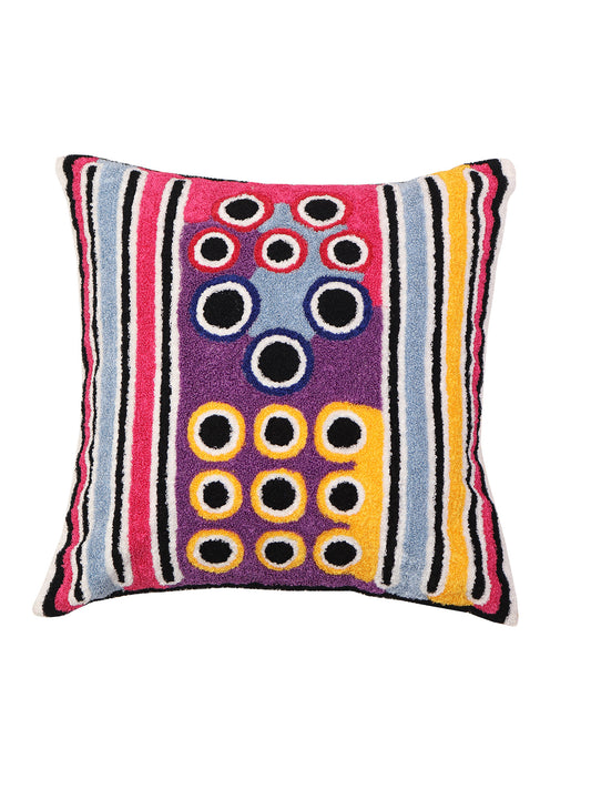 Cushion Cover Cotton Blend Aari Work in Geometric Multi - 16inches X 16inches