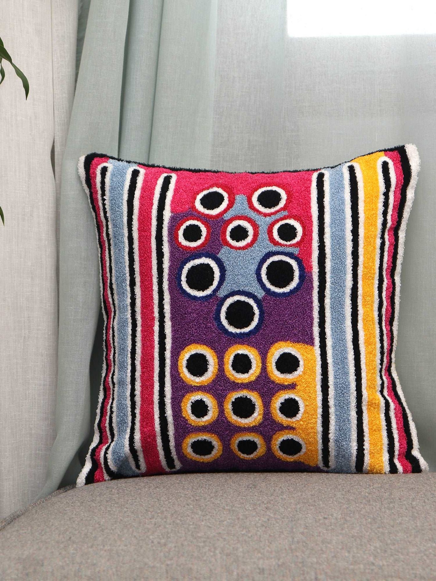Cushion Cover Cotton Blend Aari Work in Geometric Multi - 16inches X 16inches