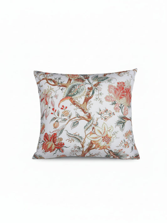 A square decorative throw pillow with a detailed botanical and bird pattern on a white background, shown with dimension arrows indicating a 16x16 inch size.