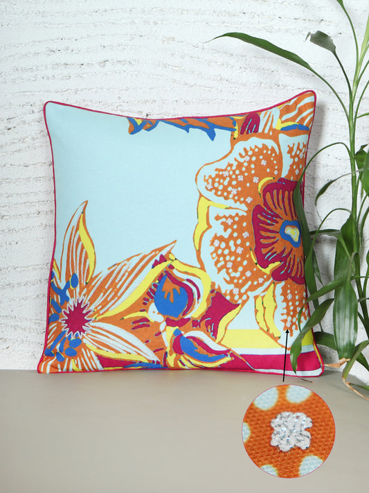 Cushion Cover with Hand Embroidery (Silver Zari) on Floral Print with Cord Piping - Cotton Blend | Multi - 16x16in(40x40cm) (Pack of 1)
