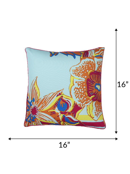 Cushion Cover with Hand Embroidery (Silver Zari) on Floral Print with Cord Piping - Cotton Blend | Multi - 16x16in(40x40cm) (Pack of 1)