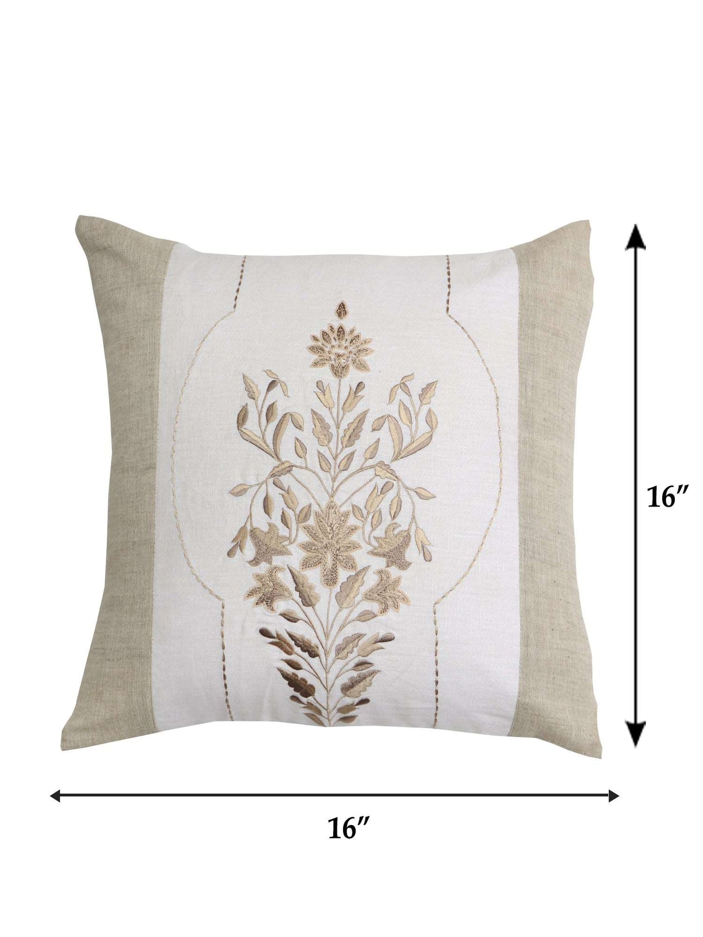 Cushion Cover Cotton Floral Aari and Hand Embroidery Beige - 16inches X 16inches