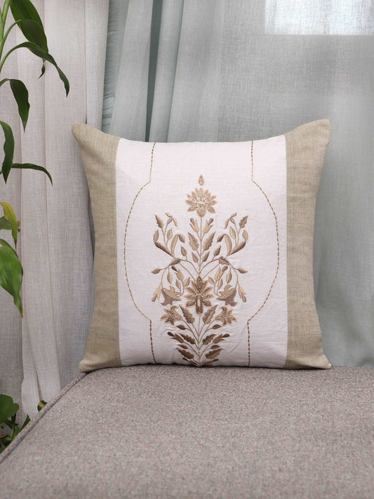 Cushion Cover Cotton Floral Aari and Hand Embroidery Beige - 16inches X 16inches