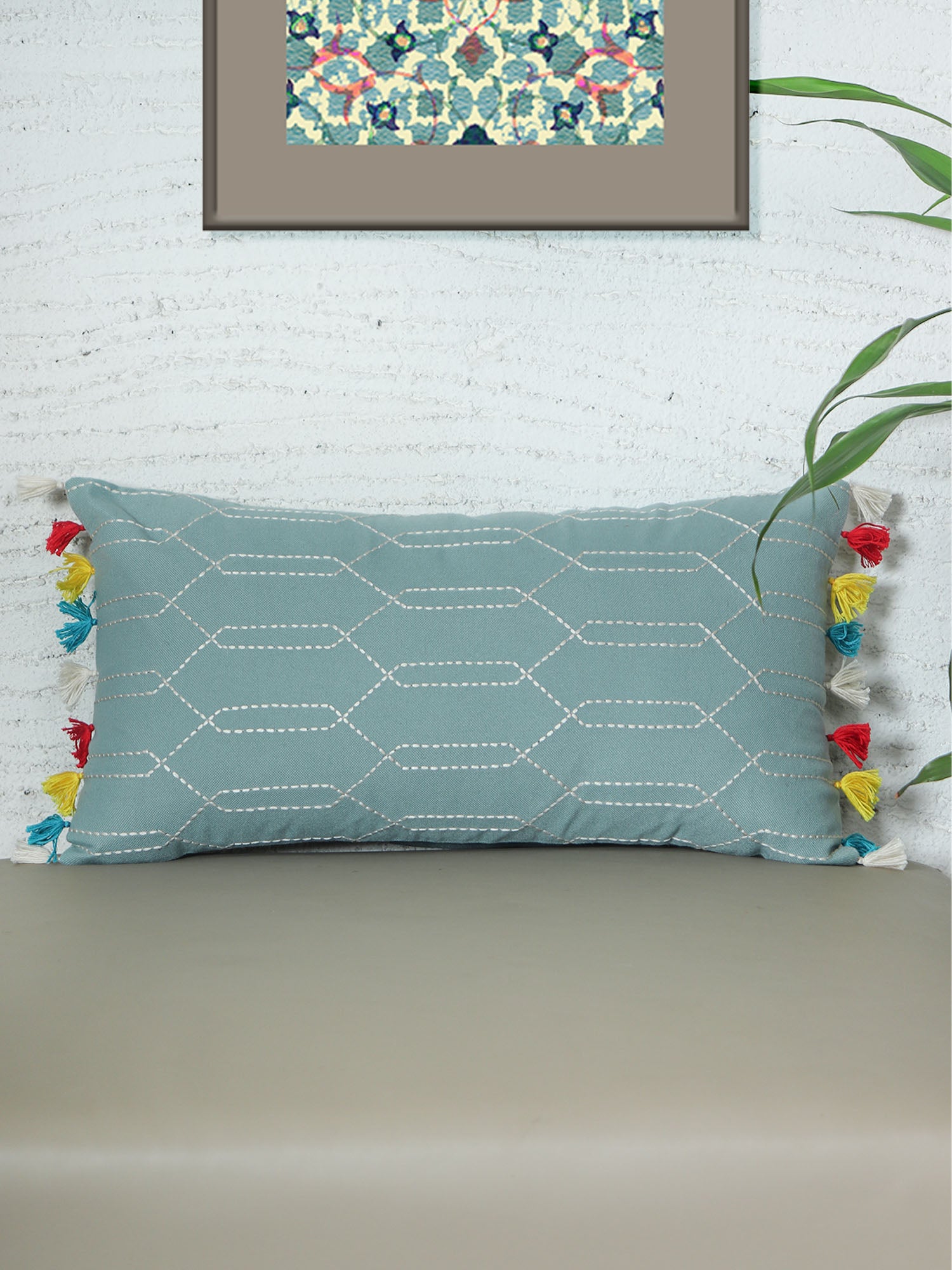 ZEBA World Rectangular Cushion Cover for Sofa Lumbar Cushion Hand Embroidery(Chawal Taka) with Tassels Cotton Blend Light Green