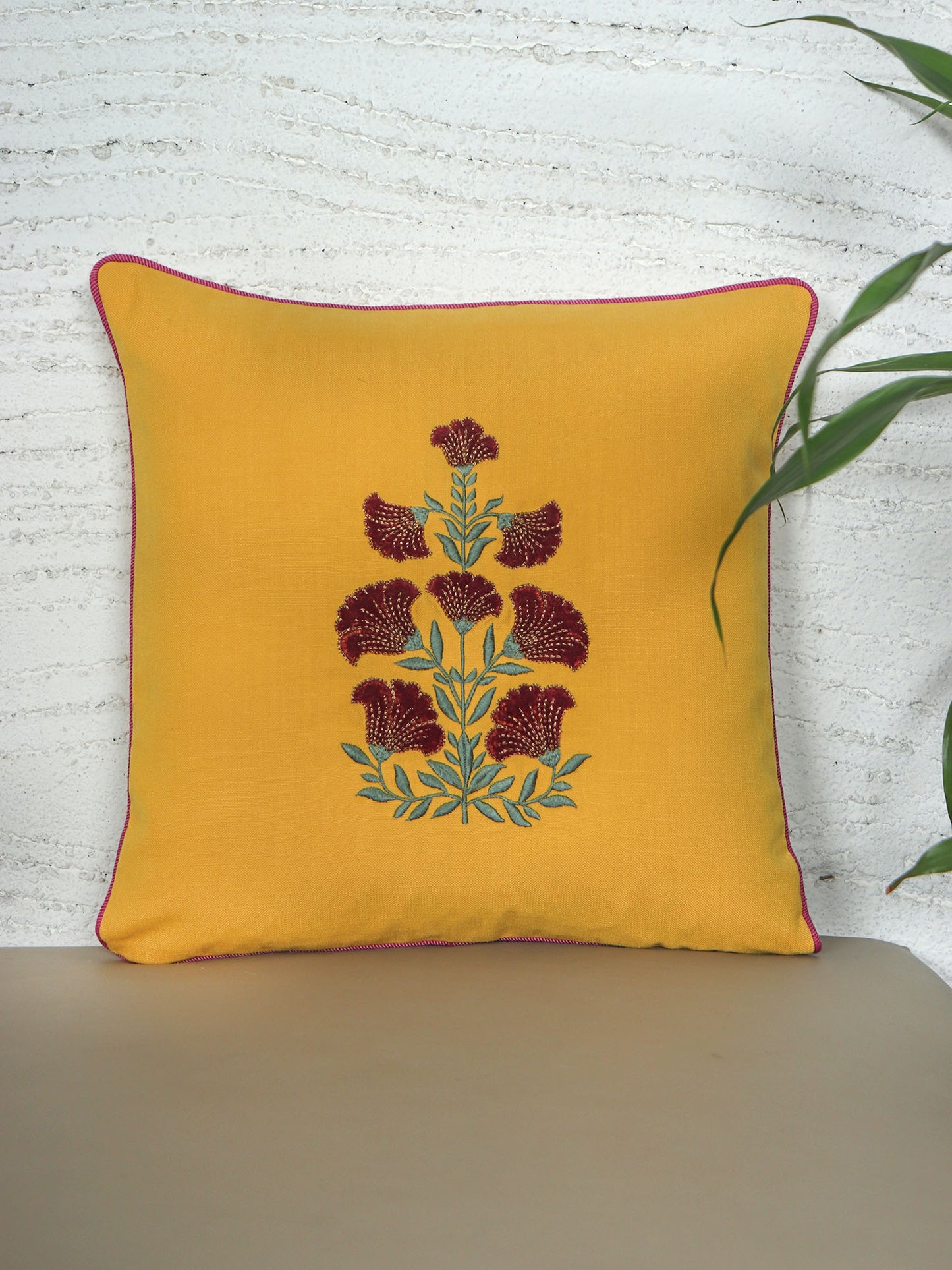 ZEBA World Square Cushion Cover for Sofa, Bed | Floral Embroidery with Applique and Cord Piping - Cotton Blend | Yellow - 16x16in(40x40cm) (Pack of 1)