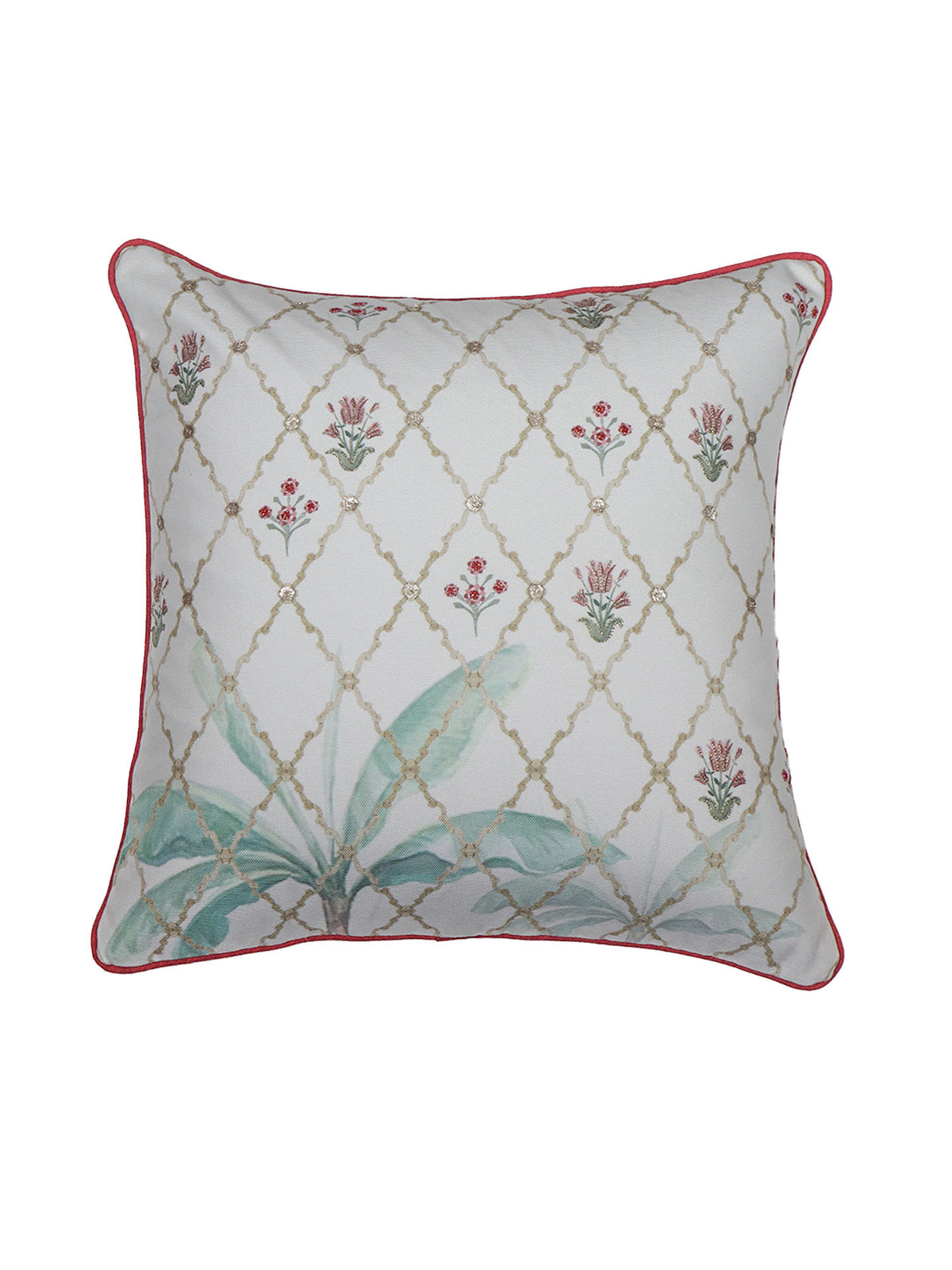 Cushion Cover with Hand Embroidery on Mughal Garden Print with Cord Piping - Cotton Blend | White - 20x20in