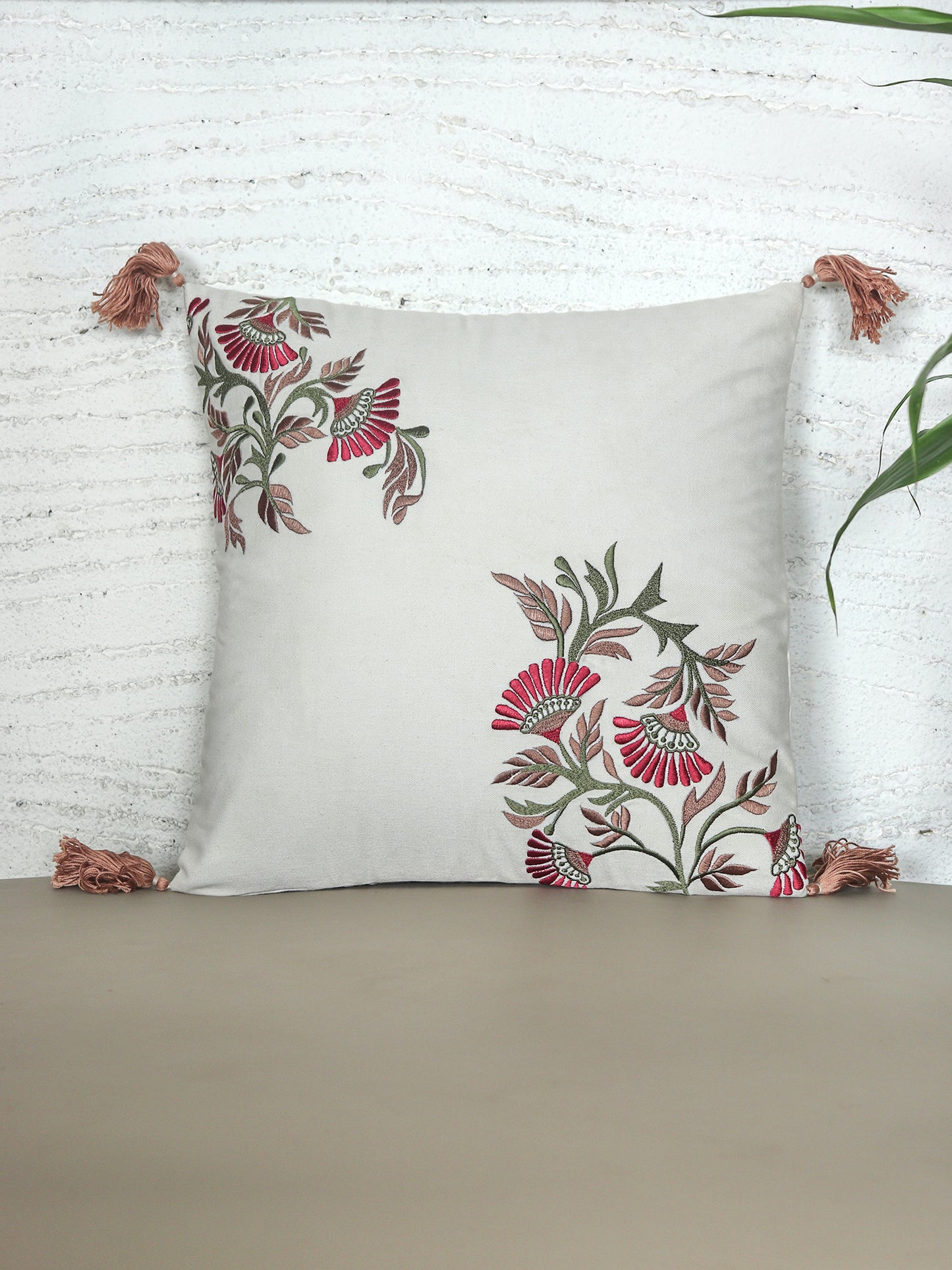 ZEBA World Square Cushion Cover for Sofa, Bed | Floral Hand Embroidery with Tassels - Cotton | Offwhite - 16x16in(40x40cm) (Pack of 1)