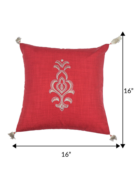 ZEBA World Square Cushion Cover for Sofa, Bed | Motif Embroidery with Tassels - Polycanvas | Red - 16x16in(40x40cm) (Pack of 1)