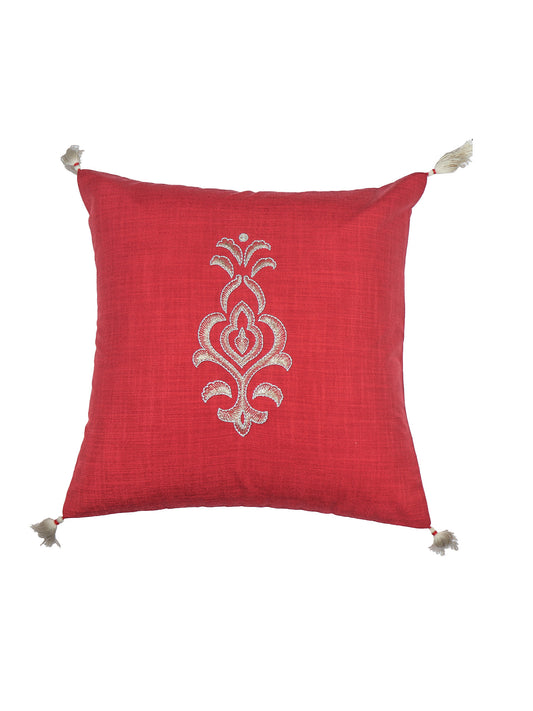 ZEBA World Square Cushion Cover for Sofa, Bed | Motif Embroidery with Tassels - Polycanvas | Red - 16x16in(40x40cm) (Pack of 1)