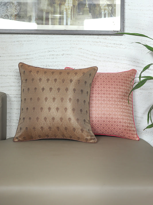 ZEBA World Square Cushion Cover for Sofa, Bed | Banarasi Brocade Silk - Floral Weave with Cord Piping| Multi - 16x16in(40x40cm) (Pack of 2)