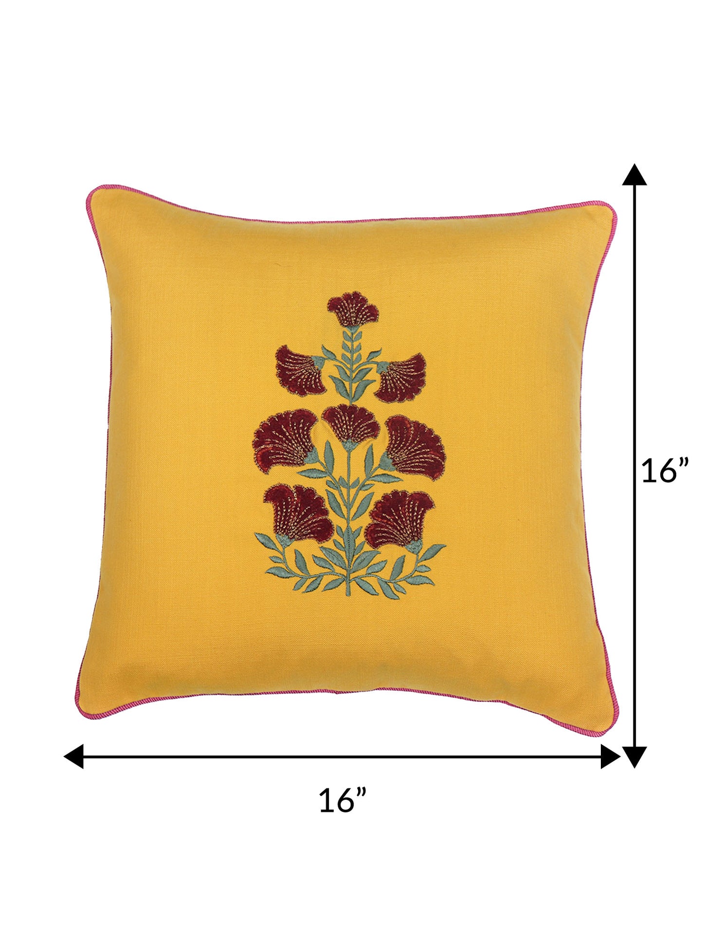 ZEBA World Square Cushion Cover for Sofa, Bed | Floral Hand Embroidery with Applique and Cord Piping - Cotton Blend | White and Yellow - 16x16in(40x40cm) (Pack of 2)