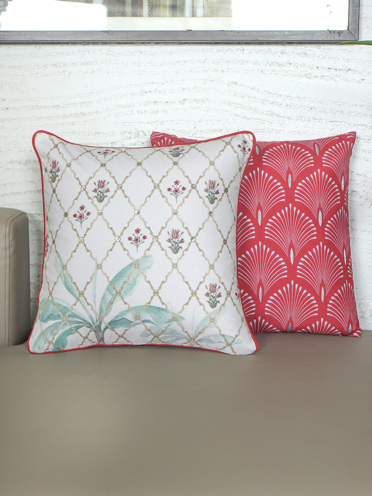 ZEBA World Square Cushion Cover for Sofa, Bed | Mughal and Art Deco Print with Hand Embroidery with Cord Piping - Cotton Blend | Red/White - 16x16in(40x40cm) (Pack of 2)