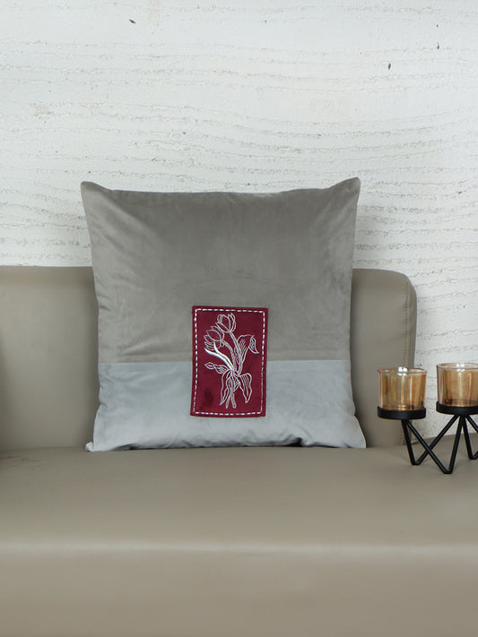 Velvet Embroidered Cushion Cover - Luxe Collection | Sofa, Bedroom, Couch | Patchwork of Floral Embroidery with Chawal Taka - Grey - 16x16 inch (40x40 cms) (Pack of 1)