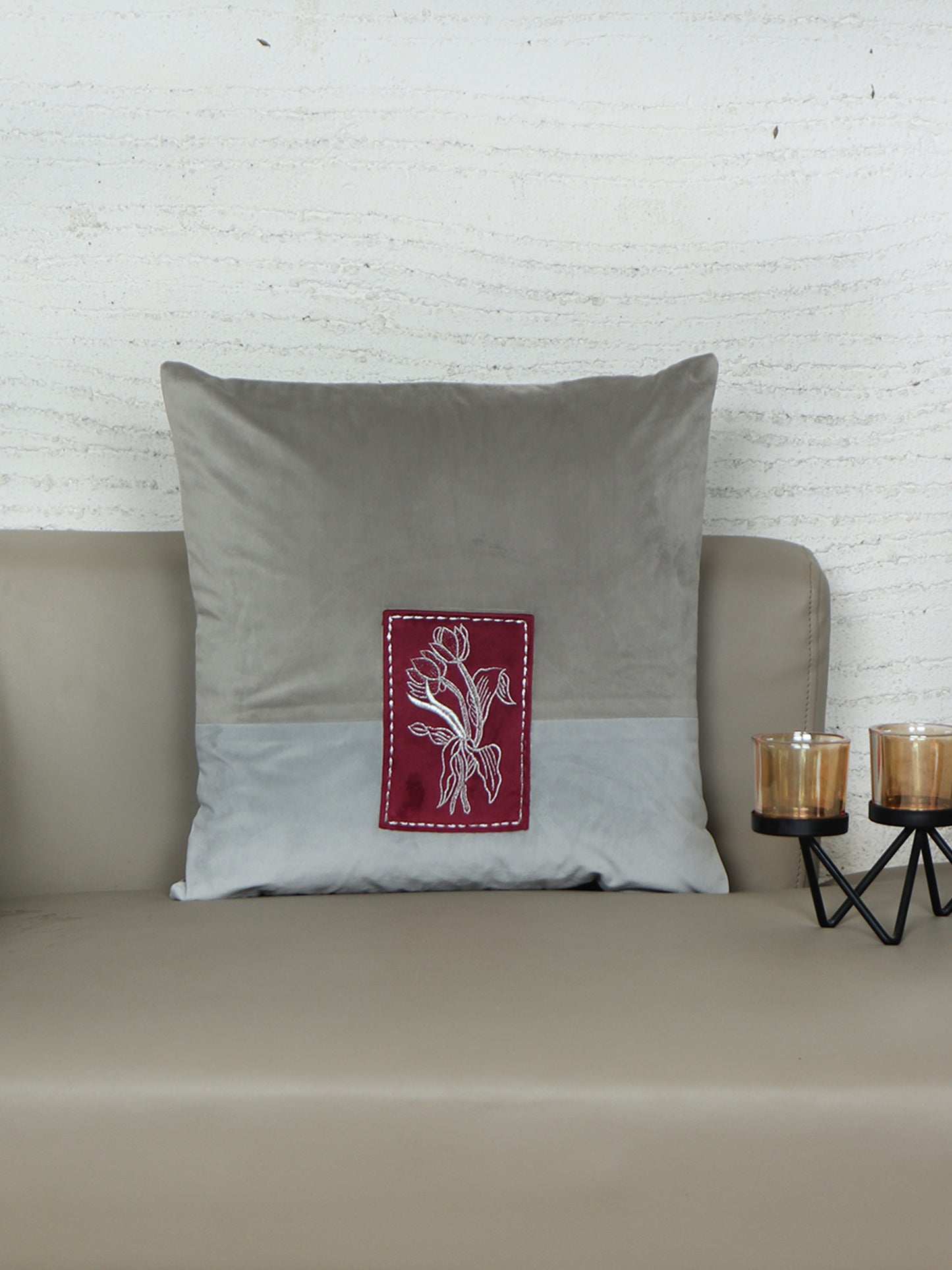 Velvet Embroidered Cushion Cover - Luxe Collection | Sofa, Bedroom, Couch | Patchwork of Floral Embroidery with Chawal Taka - Grey - 16x16 inch (40x40 cms) (Pack of 1)