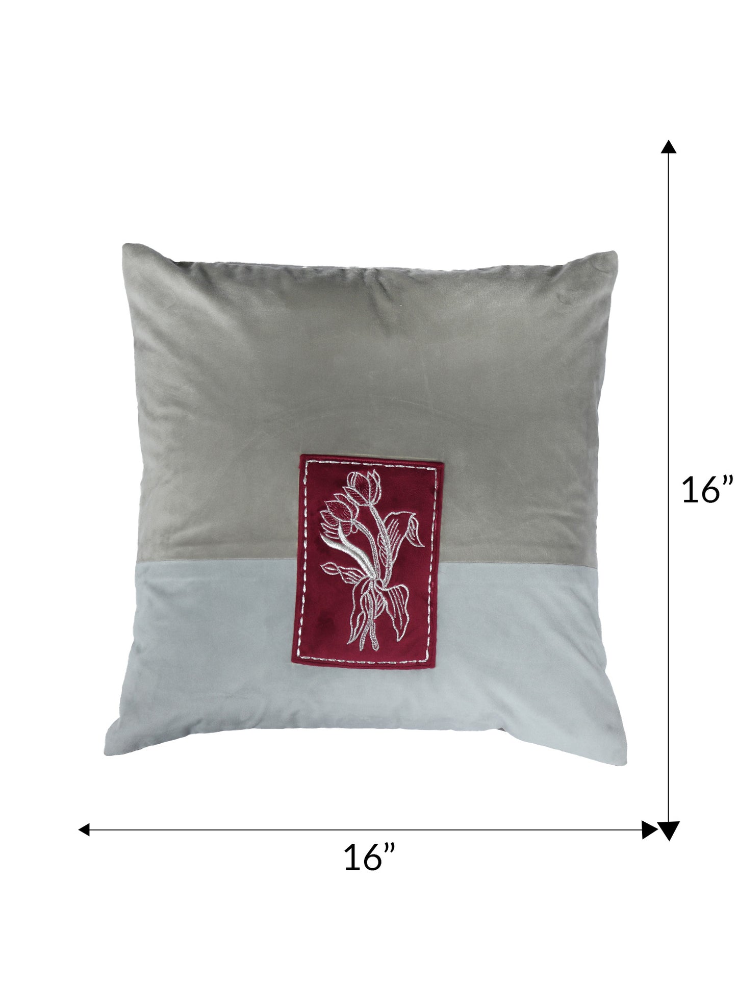 Velvet Embroidered Cushion Cover - Luxe Collection | Sofa, Bedroom, Couch | Patchwork of Floral Embroidery with Chawal Taka - Grey - 16x16 inch (40x40 cms) (Pack of 1)