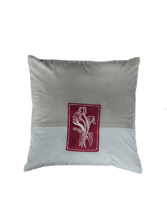 Velvet Embroidered Cushion Cover - Luxe Collection | Sofa, Bedroom, Couch | Patchwork of Floral Embroidery with Chawal Taka - Grey - 16x16 inch (40x40 cms) (Pack of 1)
