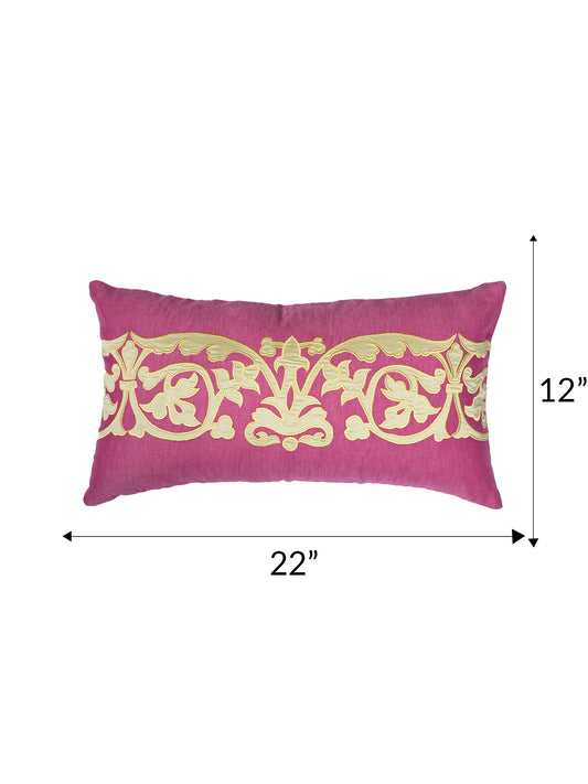Rectangular Cushion Cover - Luxe Collection | Sofa, Bedroom, Couch | Polycanvas Floral Applique - Magenta Pink - 12x22 inch (30x55 cms) (Pack of 1)