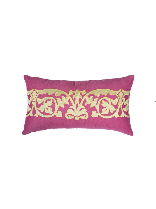 Rectangular Cushion Cover - Luxe Collection | Sofa, Bedroom, Couch | Polycanvas Floral Applique - Magenta Pink - 12x22 inch (30x55 cms) (Pack of 1)