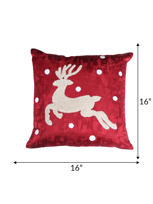 ZEBA World Christmas Reindeer Cushion Cover for Sofa, Bed | Riendeer in Towel Embroidery - Polyester | Dual Tone Red - 16x16in (40x40cm) (Pack of 1)