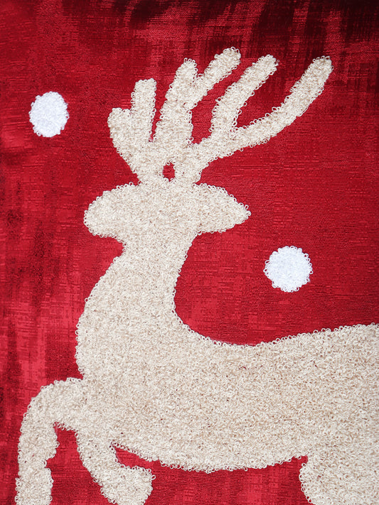 ZEBA World Christmas Reindeer Cushion Cover for Sofa, Bed | Riendeer in Towel Embroidery - Polyester | Dual Tone Red - 16x16in (40x40cm) (Pack of 1)