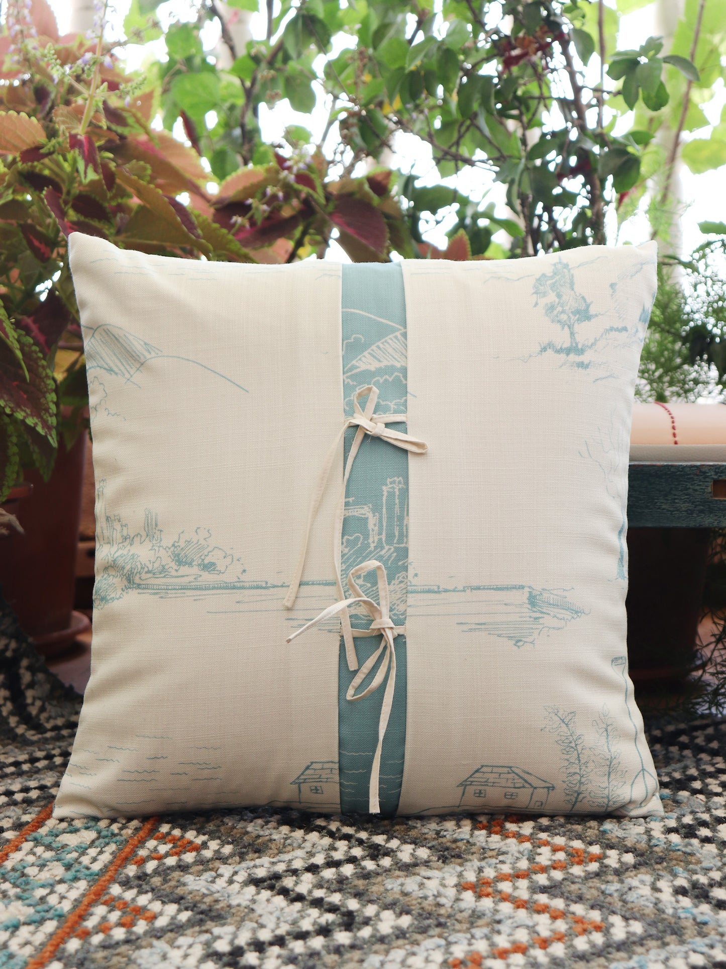 Beige & Blue Printed Cushion Cover with Ribbon Tie-Up | Pure Cotton | 16 x 16 Inch