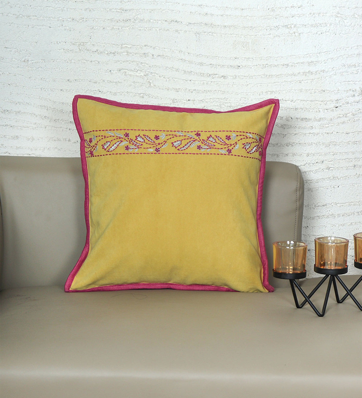 Hand Embroidered Cushion Cover - Luxe Collection | Sofa, Bedroom, Couch | Polycanvas Floral Embroidery with Flange Border - Yellow - 16x16 inch (40x40 cms) (Pack of 1)